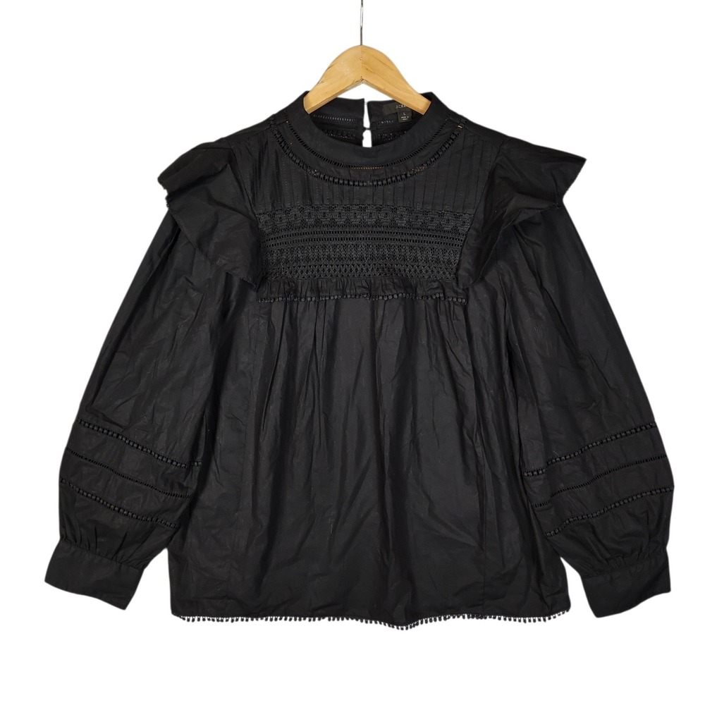J. Crew Blouse Large Black Smocked Ruffle Lace Pintuck Puff Sleeve Cotton Witchy